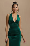 Dark Green V Neck Sheath Long Formal  Dress With Slit