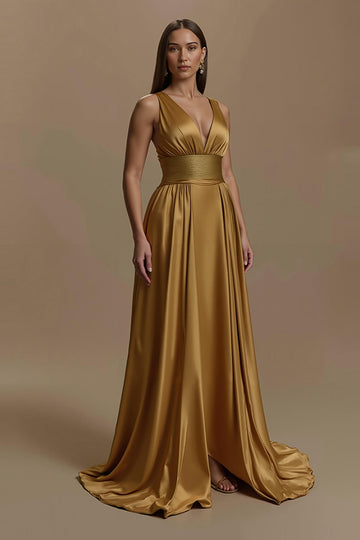 Golden V Neck Satin A Line Long Formal Dress