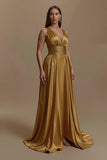 Golden V Neck Satin A Line Long Formal Dress