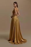 Golden V Neck Satin A Line Long Formal Dress