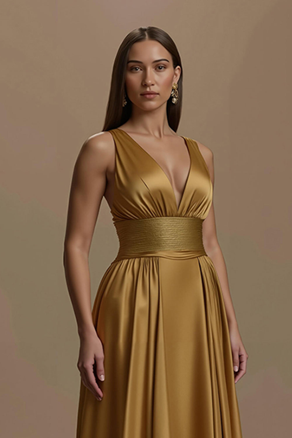 Golden V Neck Satin A Line Long Formal Dress