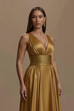 Golden V Neck Satin A Line Long Formal Dress