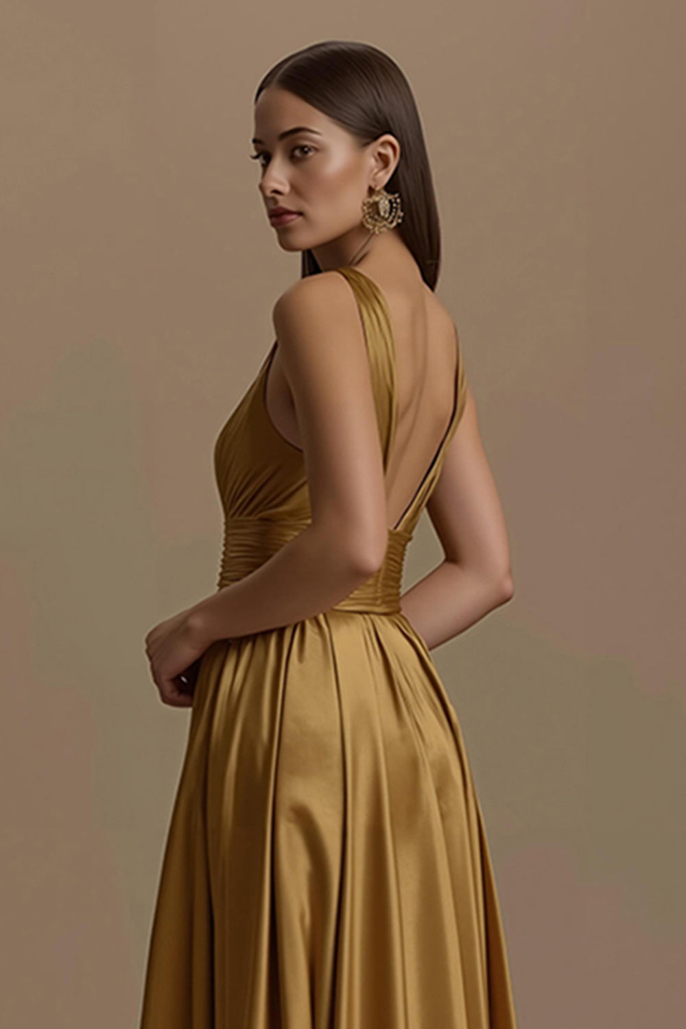 Golden V Neck Satin A Line Long Formal Dress