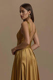 Golden V Neck Satin A Line Long Formal Dress