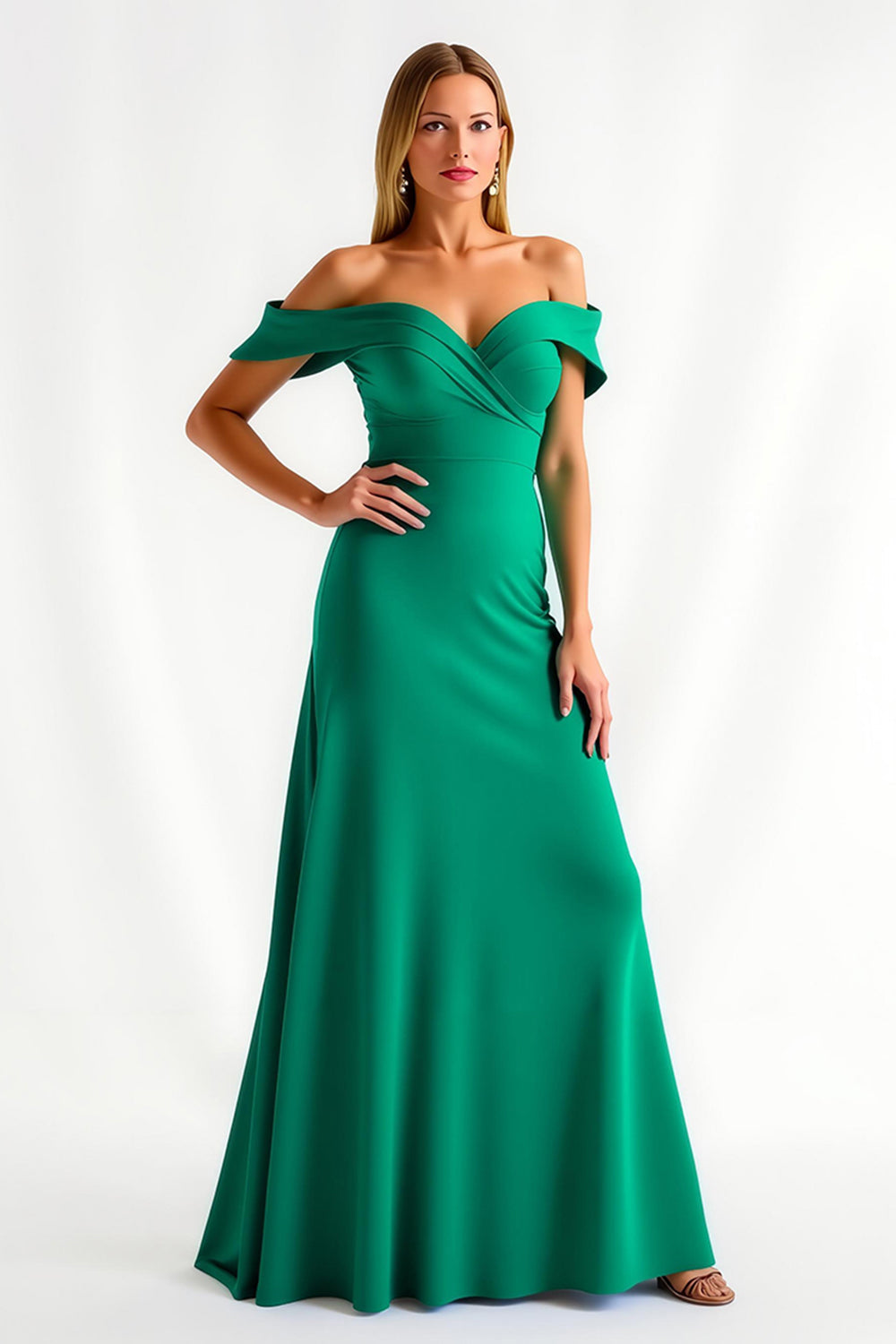 Dark Green A Line Off The Shoulder Satin Long Formal Dress