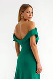 Dark Green A Line Off The Shoulder Satin Long Formal Dress