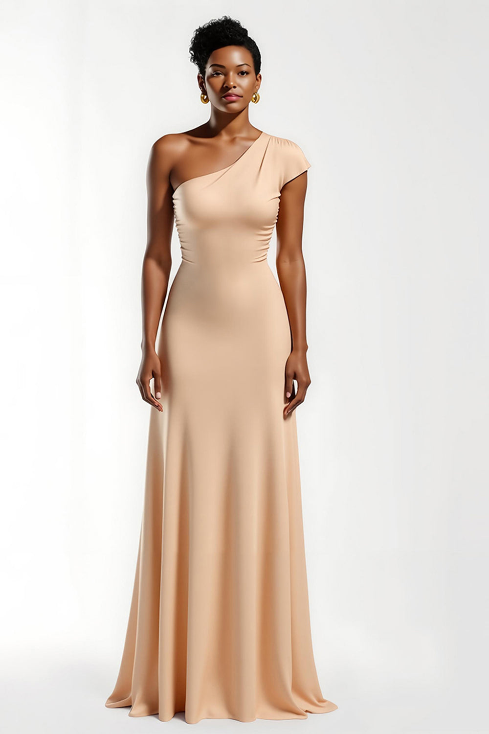 Champagne One Shoulder Satin Sheath Long Bridesmaid Dress with Sleeves