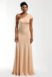 Champagne One Shoulder Satin Sheath Long Bridesmaid Dress with Sleeves