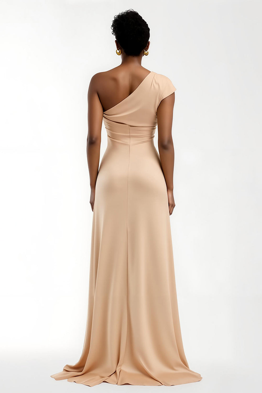 Champagne One Shoulder Satin Sheath Long Bridesmaid Dress with Sleeves