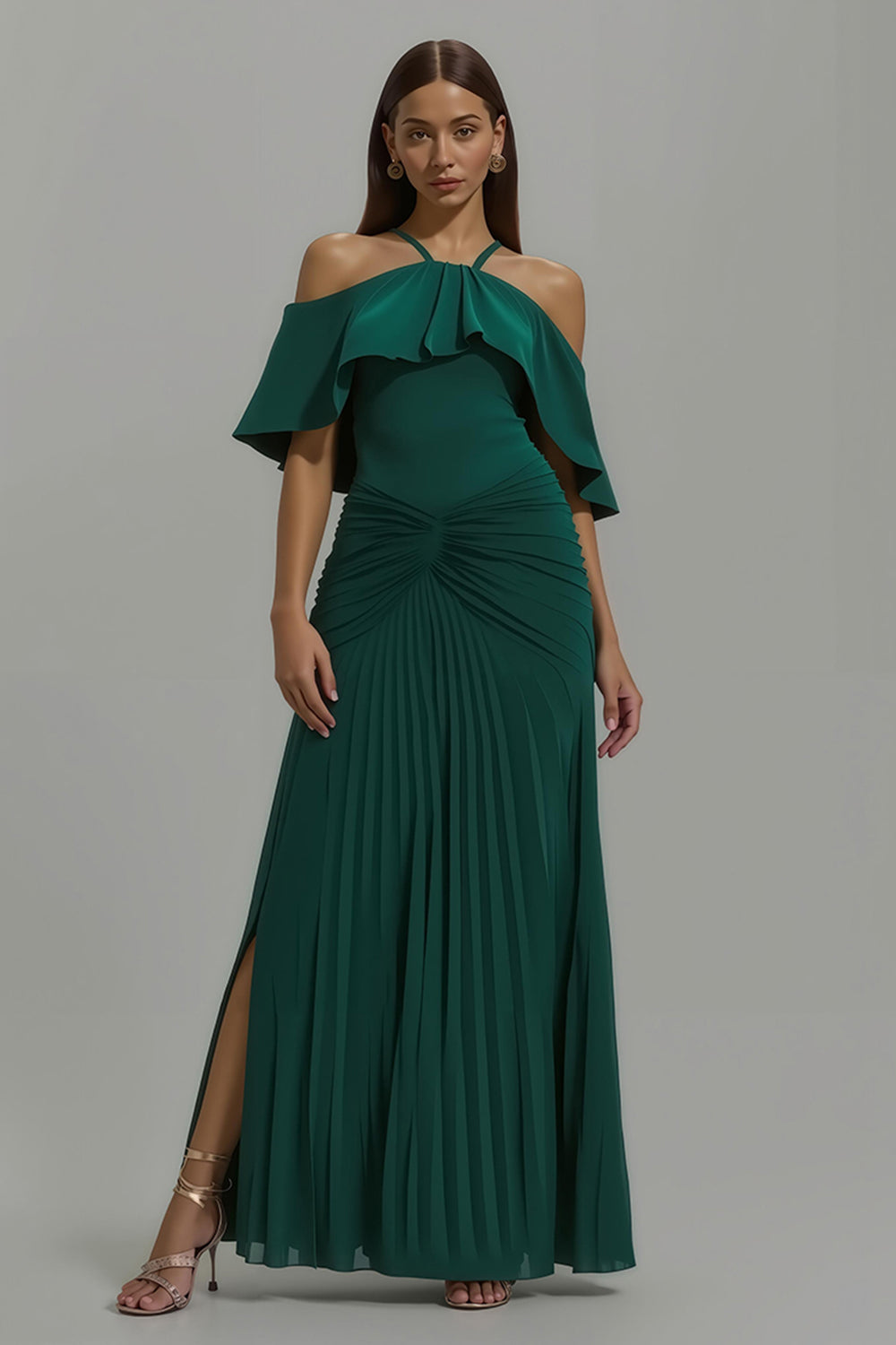 Dark Green Pleated Halter Neck Long Formal Dress With Ruffles
