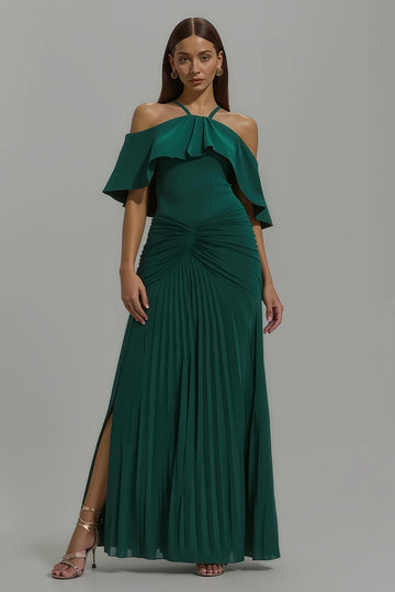 Dark Green Pleated Halter Neck Long Formal Dress With Ruffles