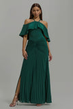 Dark Green Pleated Halter Neck Long Formal Dress With Ruffles