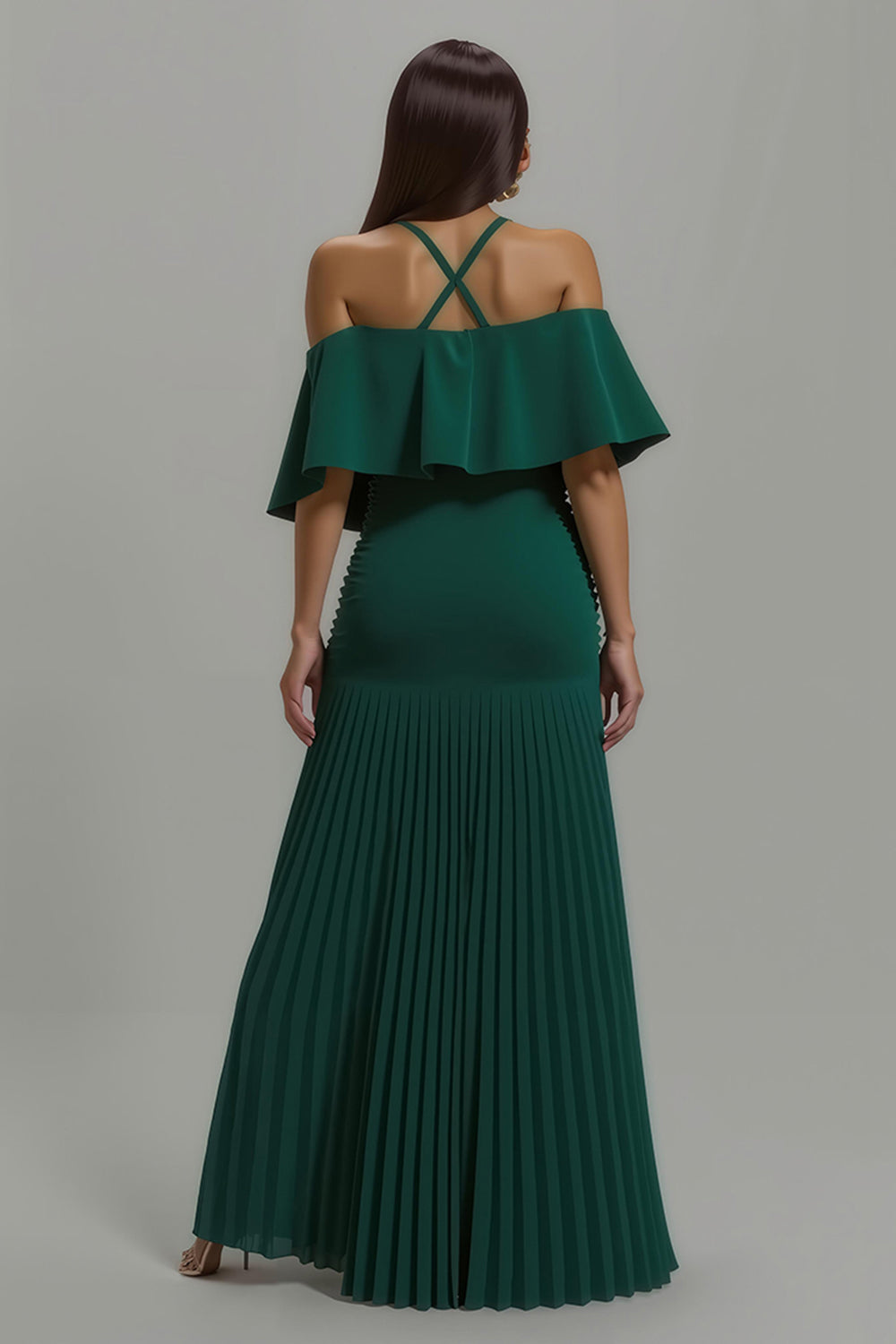 Dark Green Pleated Halter Neck Long Formal Dress With Ruffles