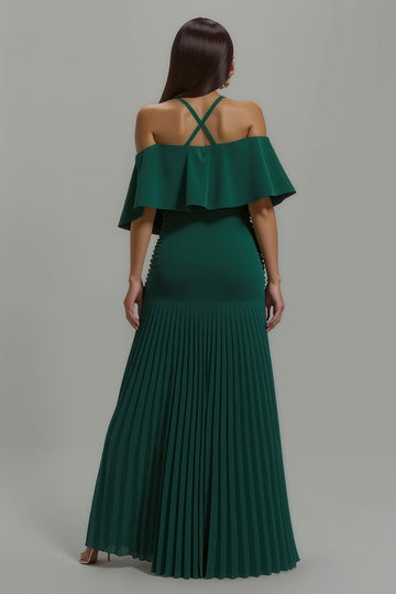 Dark Green Pleated Halter Neck Long Formal Dress With Ruffles