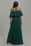 Dark Green Pleated Halter Neck Long Formal Dress With Ruffles