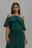 Dark Green Pleated Halter Neck Long Formal Dress With Ruffles