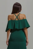 Dark Green Pleated Halter Neck Long Formal Dress With Ruffles