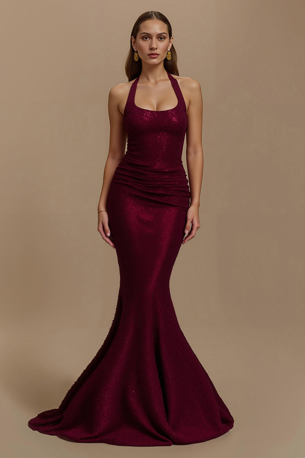 Sparkly Burgundy Halter Mermaid Long Formal Dress