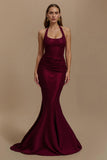 Sparkly Burgundy Halter Mermaid Long Formal Dress