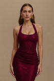 Sparkly Burgundy Halter Mermaid Long Formal Dress