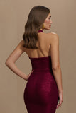 Sparkly Burgundy Halter Mermaid Long Formal Dress