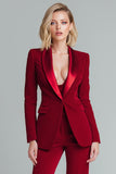 Red 2 Piece Velvet Shawl Lapel Slim Fit Women Formal Suits