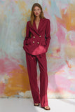 Burgundy 2 Piece Notched Lapel Double Breasted Women Formal Suits
