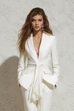 White 2 Pieces Notched Lapel Ruched Tuxedo with Sash