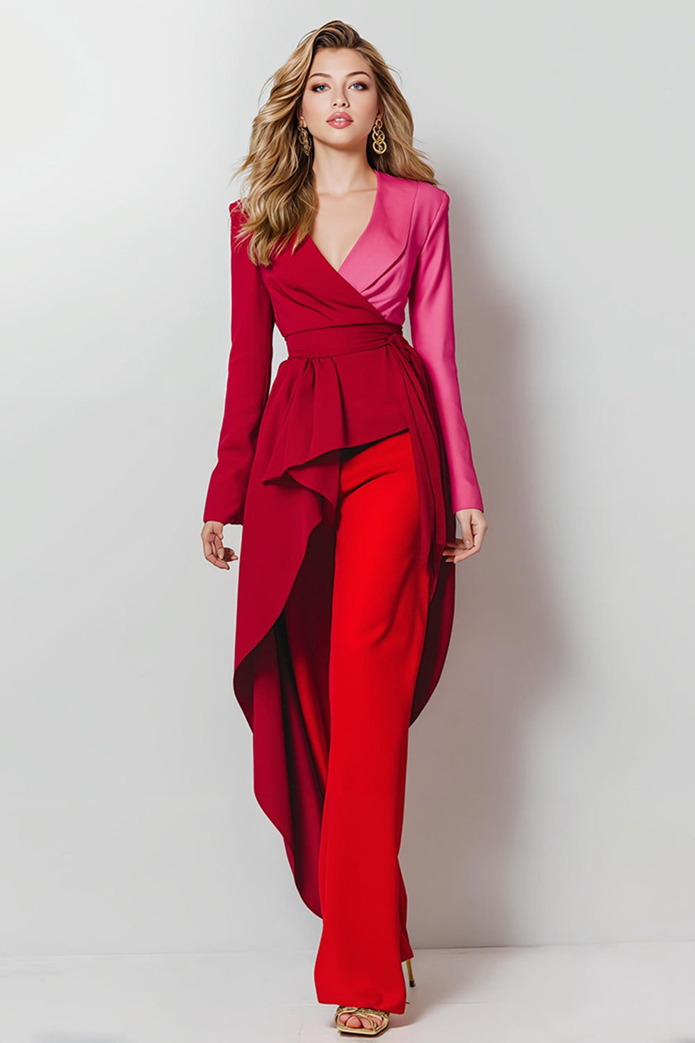 Red 2 Pieces Satin Shawl Lapel Women Tuxedo with Sleeves