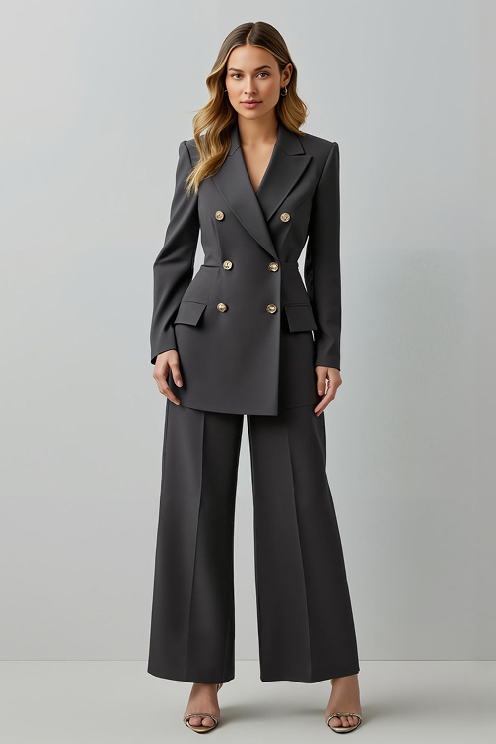 Dark Grey Peak Lapel 2 Pieces Double Breasted Women Formal Suits