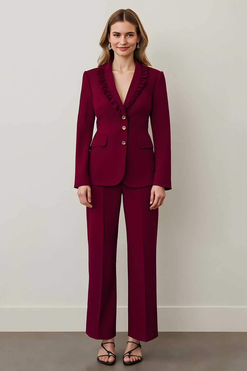 Burgundy Ruffled Shawl Lapel Single Breasted 2 Piece Women Formal Suits