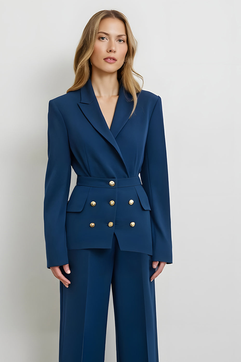 Dark Blue Double Breasted Peak Lapel 2 Piece Women Formal Suits