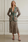 Coffee Leopard Notched Lapel 2 Piece Long Women Formal Suits