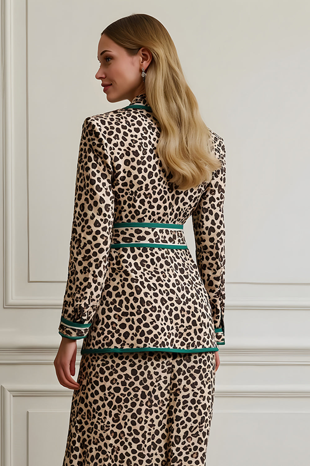 Coffee Leopard Notched Lapel 2 Piece Long Women Formal Suits