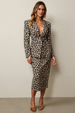 Coffee Leopard Shawl Lapel 2 Piece Long Pencil Women Formal Suits