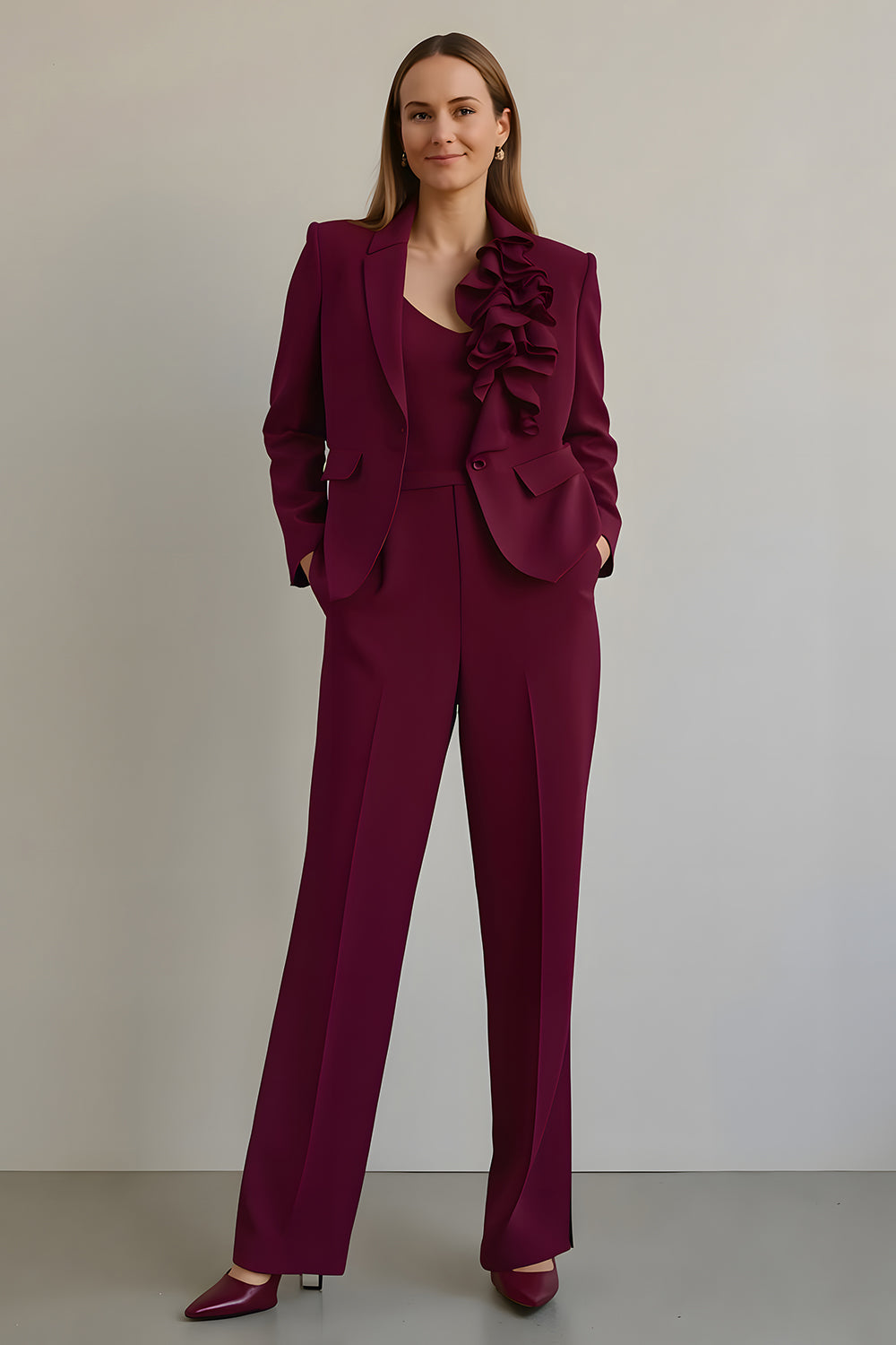 Burgundy 2 Piece Ruffled Satin Notched Lapel Women Formal Suits