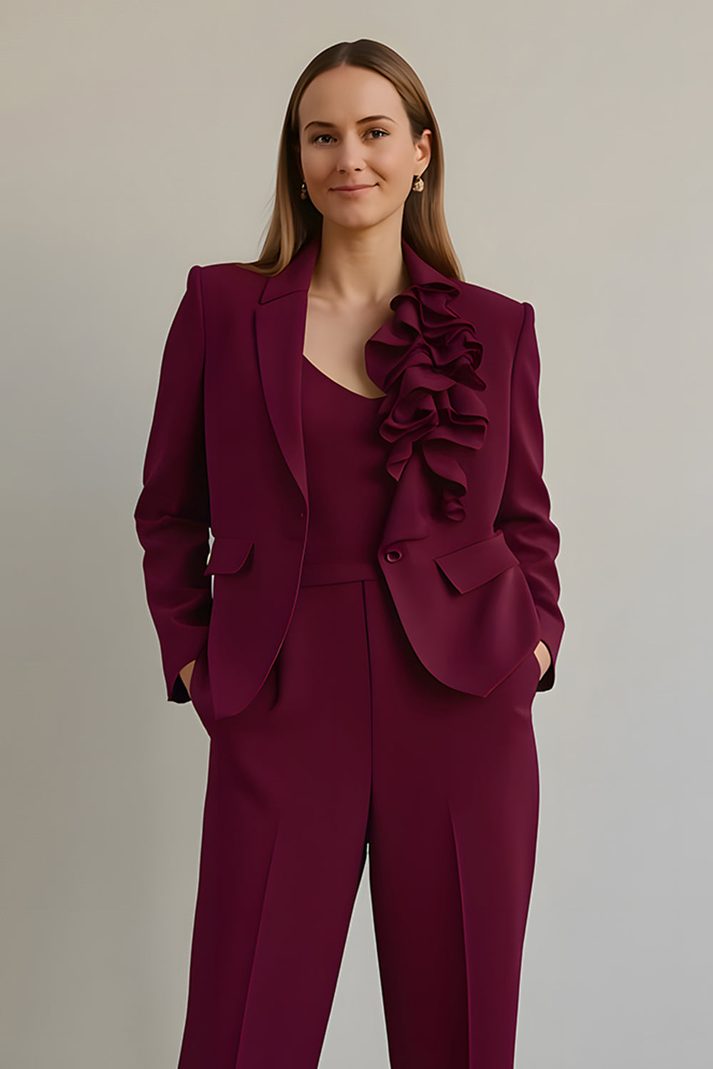 Burgundy 2 Piece Ruffled Satin Notched Lapel Women Formal Suits