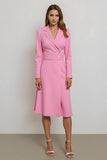Pink Notched Lapel Bodycon Satin Midi Blazer Dress with Belt