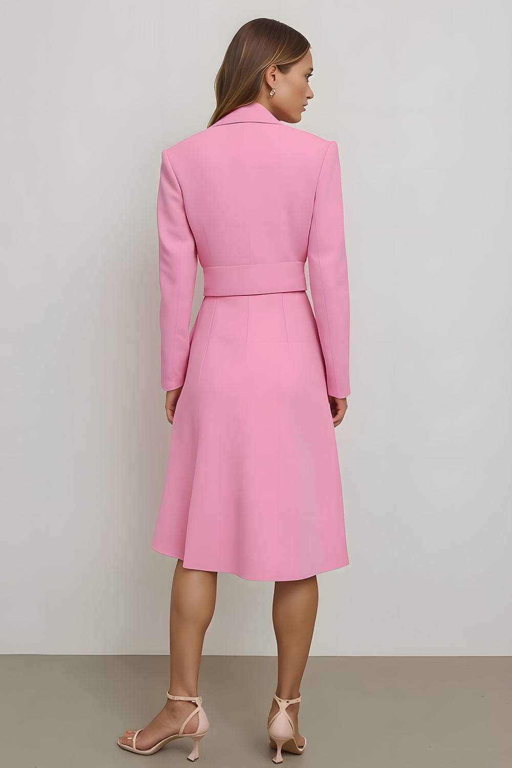Pink Notched Lapel Bodycon Satin Midi Blazer Dress with Belt