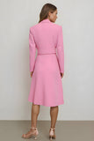 Pink Notched Lapel Bodycon Satin Midi Blazer Dress with Belt