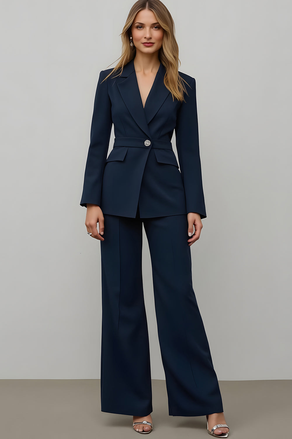 Navy Notched Lapel Satin 2 Piece Women Formal Suits