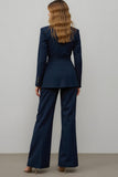 Navy Notched Lapel Satin 2 Piece Women Formal Suits