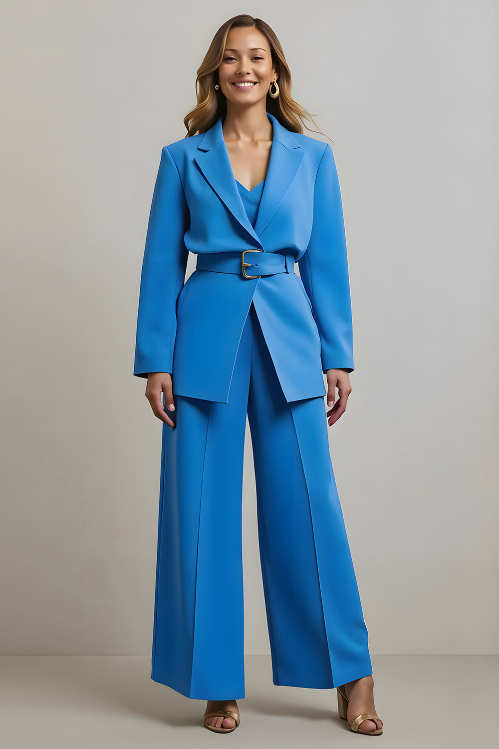 Blue Notched Lapel 2 Piece Women Formal Suits with Belt