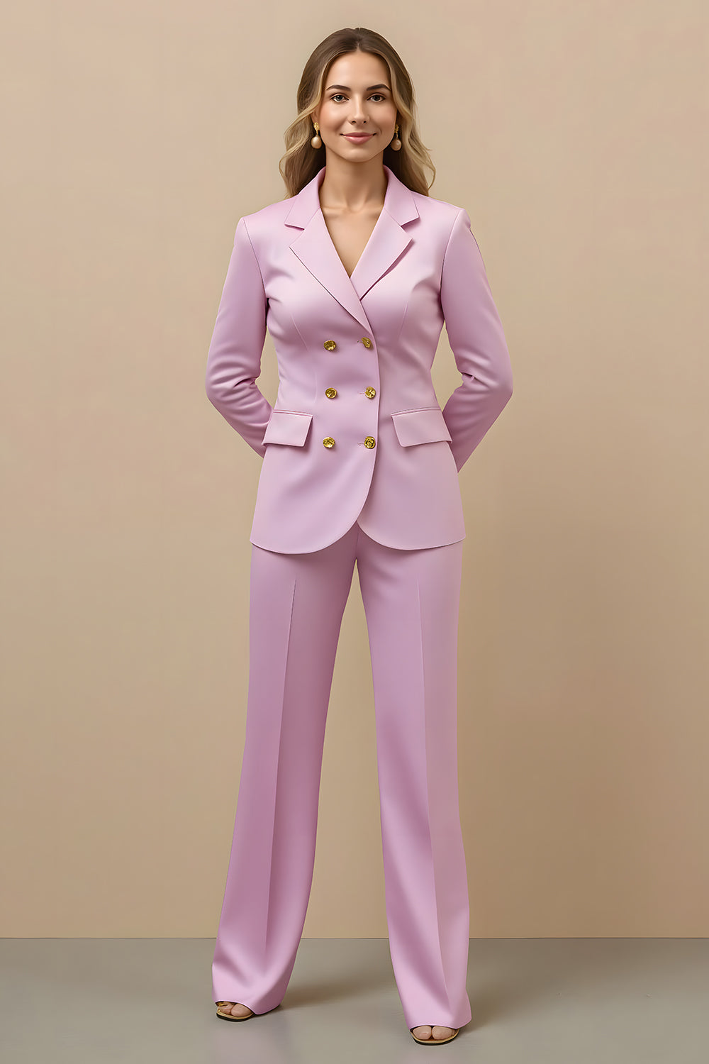 2 Piece Pink Satin Notched Lapel Double Breasted Women Formal Suits