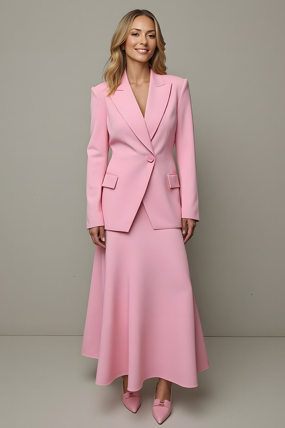 Pink A Line Satin Peak Lapel One Button 2 Piece Blazer Suits