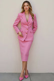 Pink Satin Pencil Single Breasted Notched Lapel Midi 2 Piece Blazer Suits