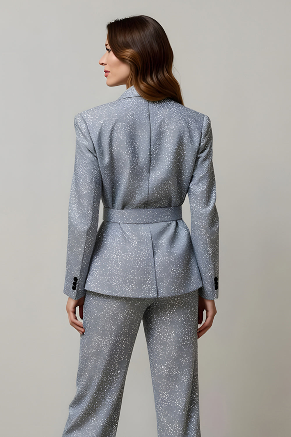 Sparkly Grey 2 Piece Sequins Peak Lapel Women Formal Suits with Pockets