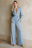 2 Piece Grey Blue Notched Lapel Women Formal Suits with Pockets