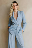 2 Piece Grey Blue Notched Lapel Women Formal Suits with Pockets