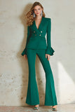 2 Piece Satin Dark Green Double Breasted Ruffle Sleeves Women Formal Suits
